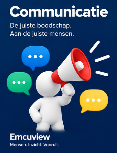 Afbeelding over communicatieonderzoek met de tekst Communicatie, De juiste boodschap, Aan de juiste mensen en een persoon met een megafoon