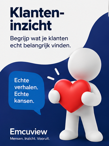 Afbeelding over klantonderzoek met de tekst Klanteninzicht en een persoon die een rood hart vasthoudt.